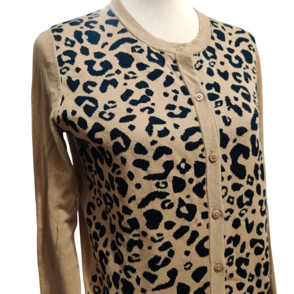 Merona M Cardigan Tan Button Front Leopard Animal Print Sweater Long Sleeve Cute - Picture 2 of 8